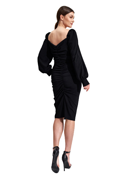 Sukienka midi z długim bufiastym rękawem dekolt karo czarna